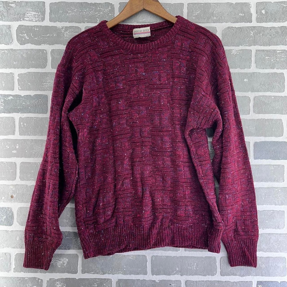 Vintage American Edition Mens Red Multicolored Knit Sweater Medium Made in USA